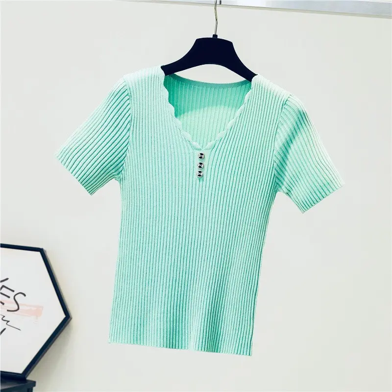 ATASAN RAJUT WANITA (kancing) Baju Rajut turtleneck Wanita Kaos kerah Wanita Lengan pendek 7