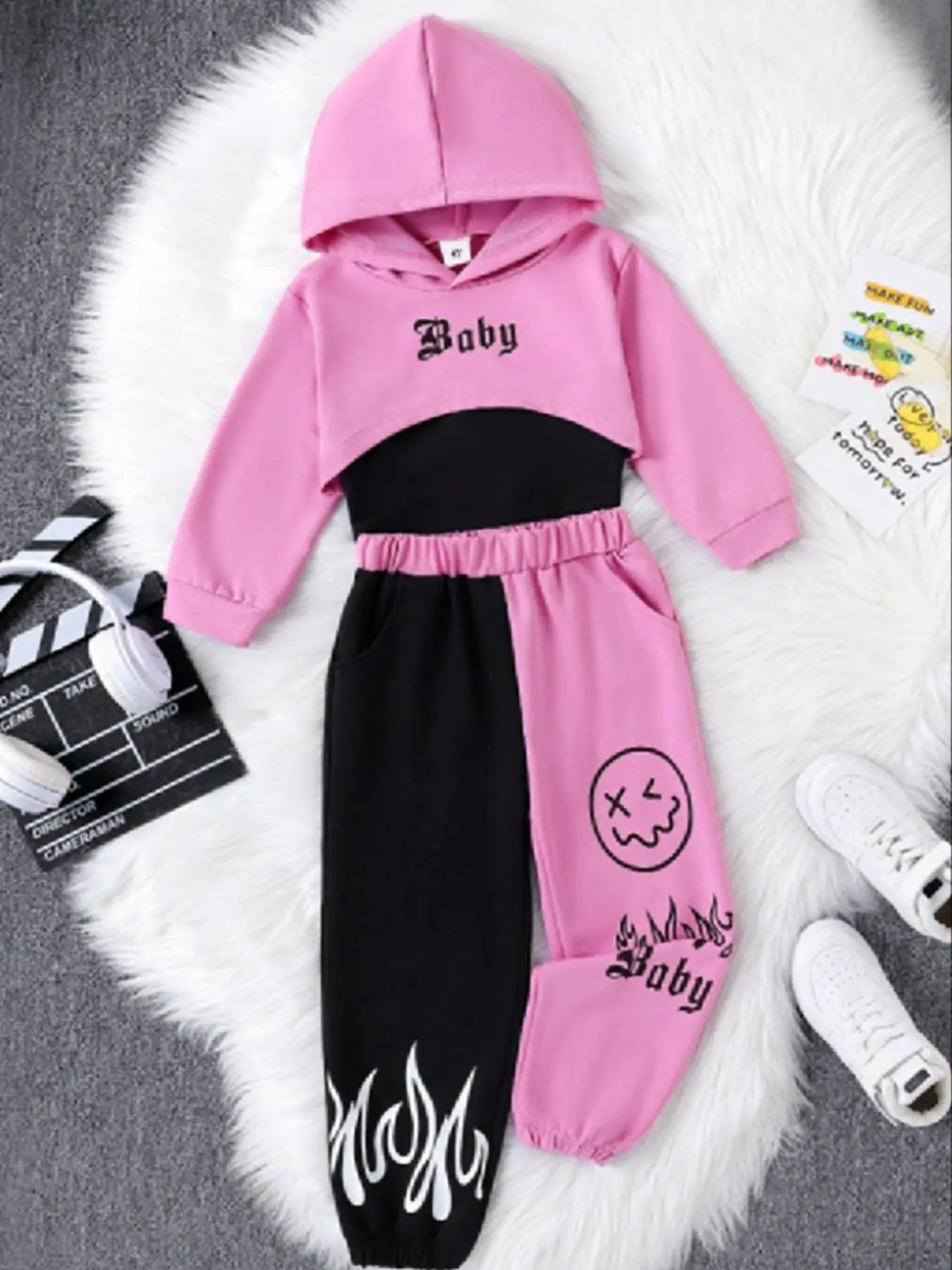 Three-Piece Set Girl's Letter Print Crop Hoodie & Plain Crop Cami Top & Colorblock Elastic Waist Sweatpants Set, Street Asymmetrical Hem Hooded Sweatshirt & Sleeveless Top & Pocket Jogger Trousers, Kids Spring & Fall Clothes