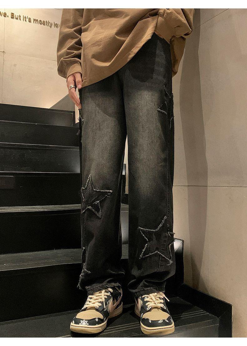 Product Introduction of Pants Men's Ins Fashionable Loose Wide-Leg American Vibe High Street Jeans Men's Fashionable Fried Street Ruan Shuai Straight Men's Pants Sneaker 38
