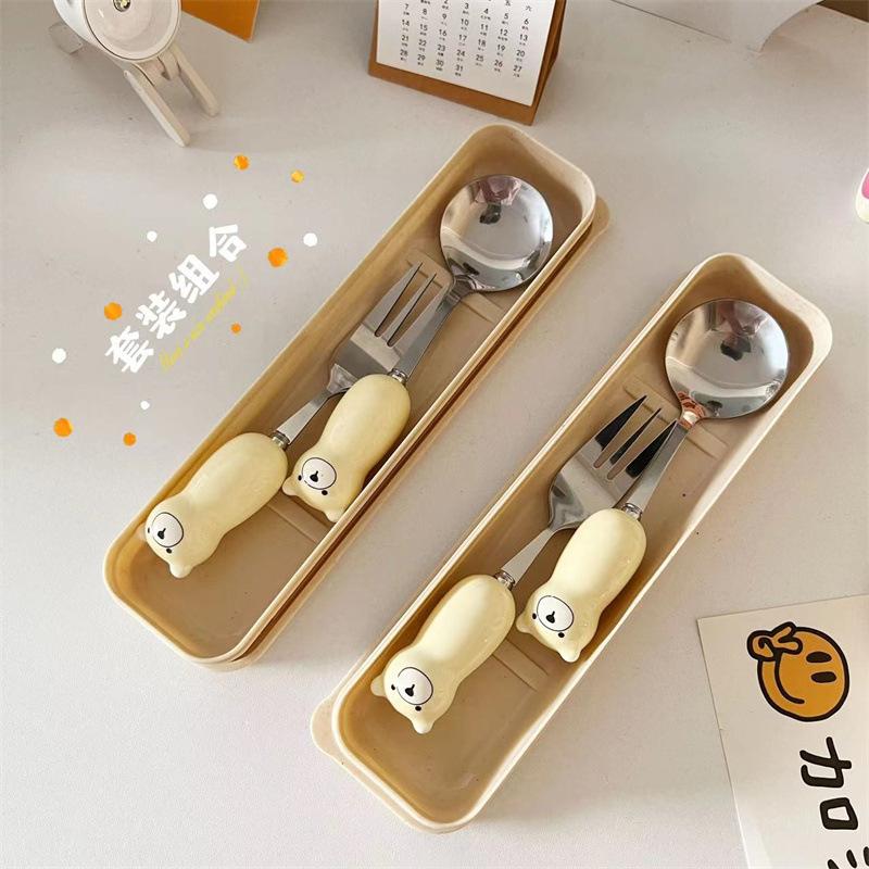 Product Introduction of Bear rice short handle cute spoon set ceramic fork cartoon children household dessert spoon dining Cutlery Tableware 6