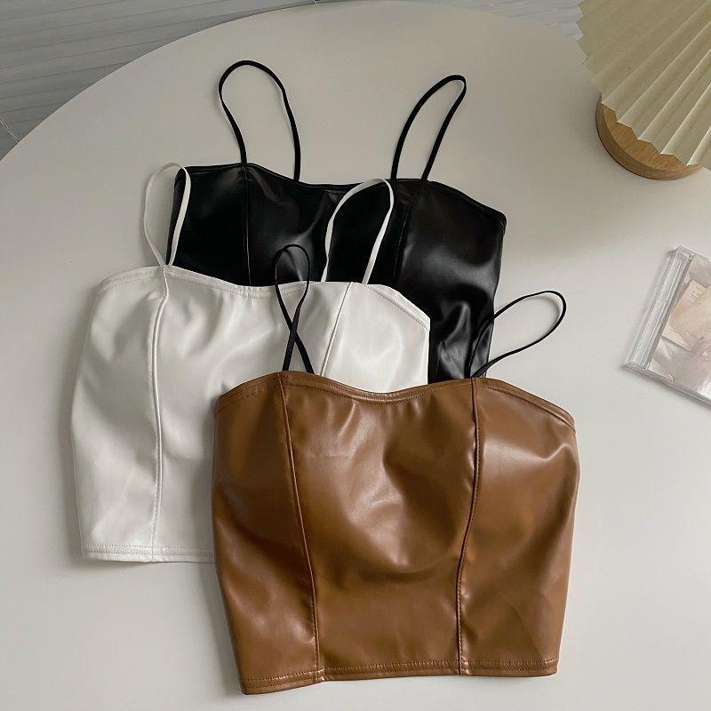Product Introduction of European and American hot girl PU leather jacket, camisole, small vest, women's autumn outfit with chest cushion, short base shirt, top Lingerie Tube Lady Basic Minimalist Spaghetti Strap 4