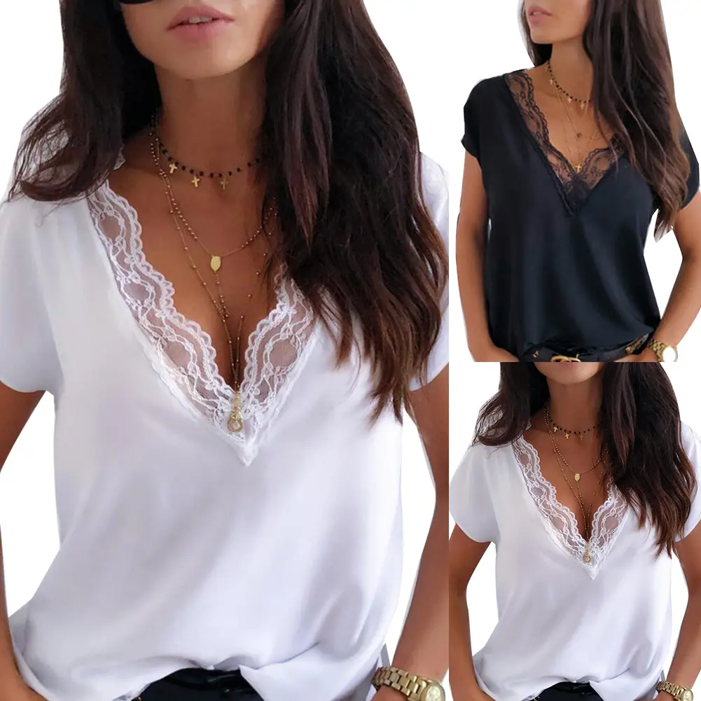 canresi@Women Sexy Solid Color Lace Patchwork Deep V Neck Short Sleeve Blouse Shirt Top