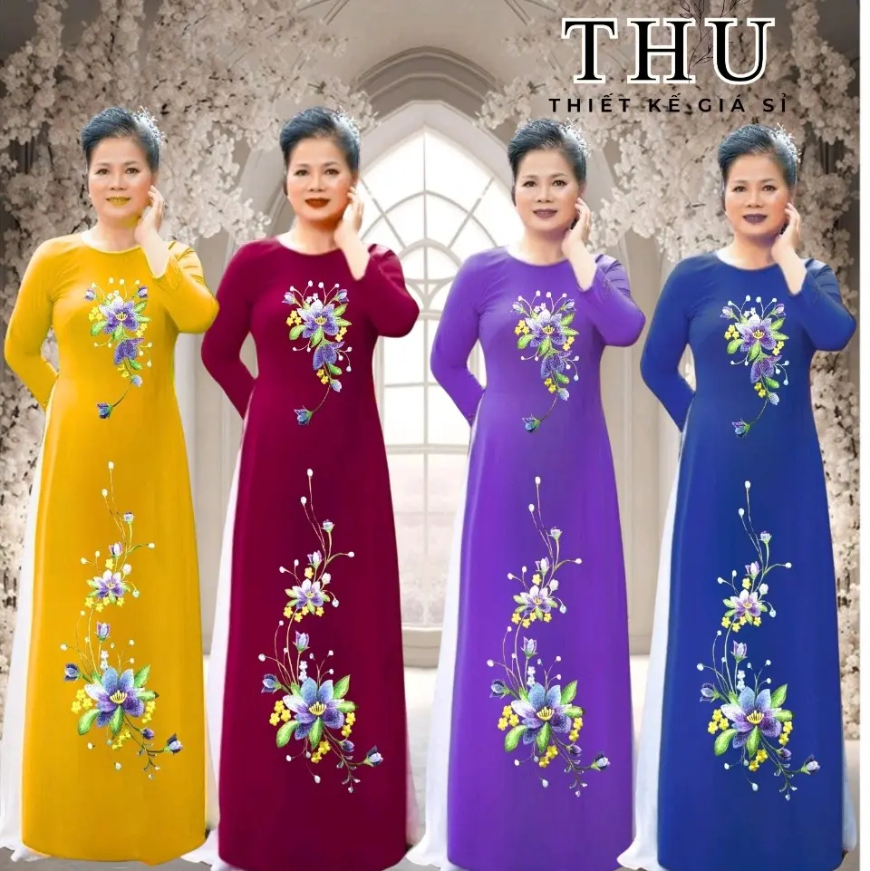 Áo dài trung niên chất liệu tằm ý thêu hoa thủ công mẫu hoa ly cổ tròn