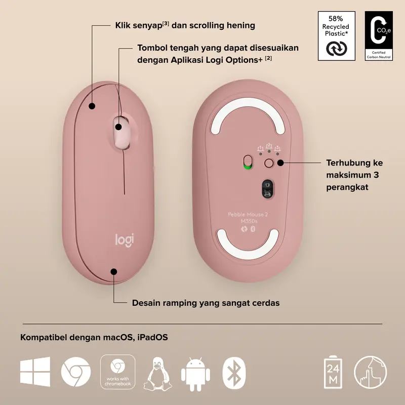 Logitech Pebble 2 M350s Mouse Wireless Bluetooth Slim Silent dilengkapi dengan Baterai untuk Laptop, Computer. Komposisi bahan lebih dari 50% Plastik Daur Ulang Ramah Lingkungan 5