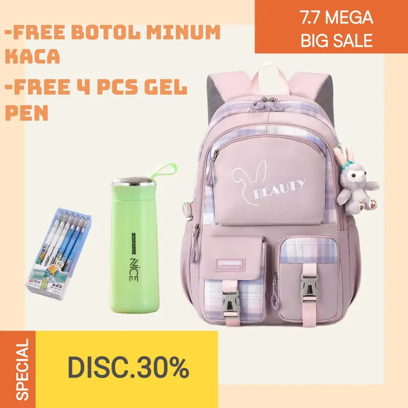 Ransel Wanita Korean Style Tas Anak Perempuan Kekinian Gratis Botol Minum Kaca Fashion 0