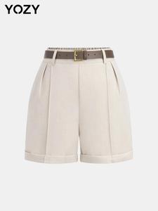 YOZY Women's Solid Belted Pocket Shorts, Casual Fashion Shorts for Summer, Women's Bottoms for Daily Wear