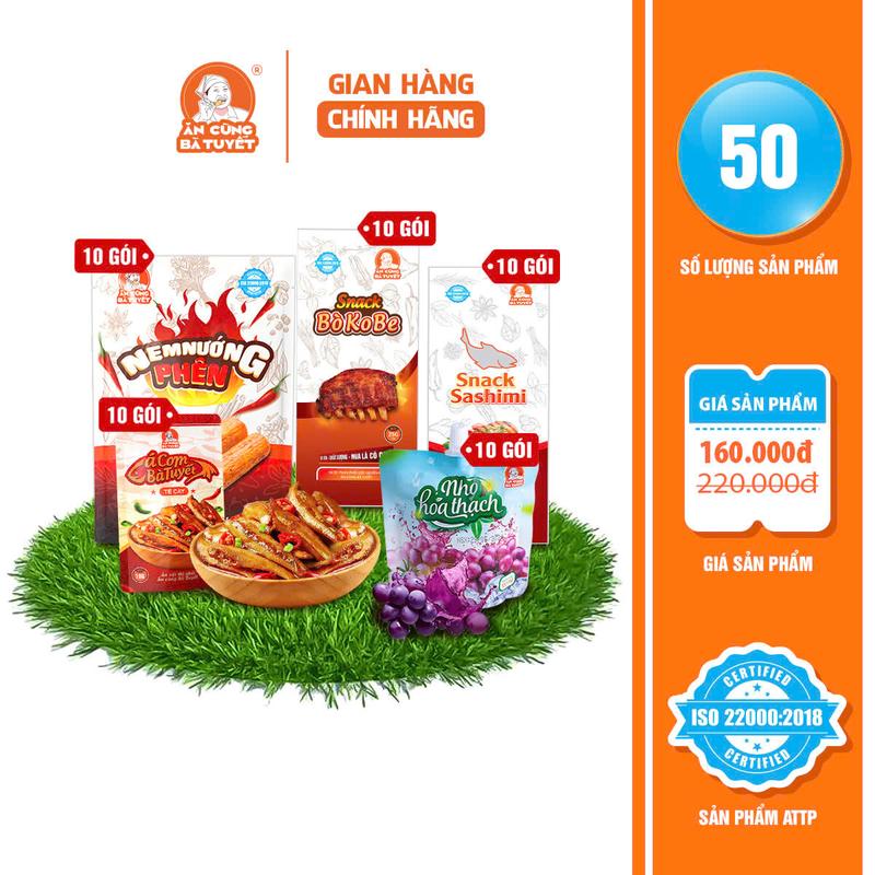 [ Tặng 4 bimbim ngẫu nhiên] Combo CON ĐƯỜNG SÁM HỐI gồm:  10 gói Nem Nướng+10 gói snack sashimi+10 gói snack bo kobe +10 gói snack  cá cơm tê cay +10 gói nho hoá thạch+ Cake ĂN CÙNG BÀ TUYẾT - Đồ Ăn Vặt Việt Nam