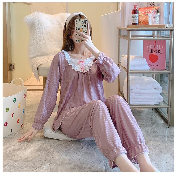 [MIS3131] Oneset Baju Tidur Piyama Wanita Lengan Panjang Celana Panjang Motif Polos Atasan Renda Setelan 4