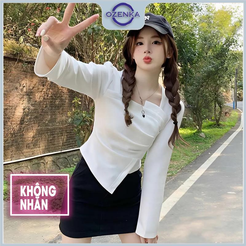 Áo croptop cổ vuông tay dài vạt lệch ly eo đẹp nữ ozenka , áo crt kiểu sành điệu sang chảnh nữ mặc đi học đi chơi Voi Women Shirt