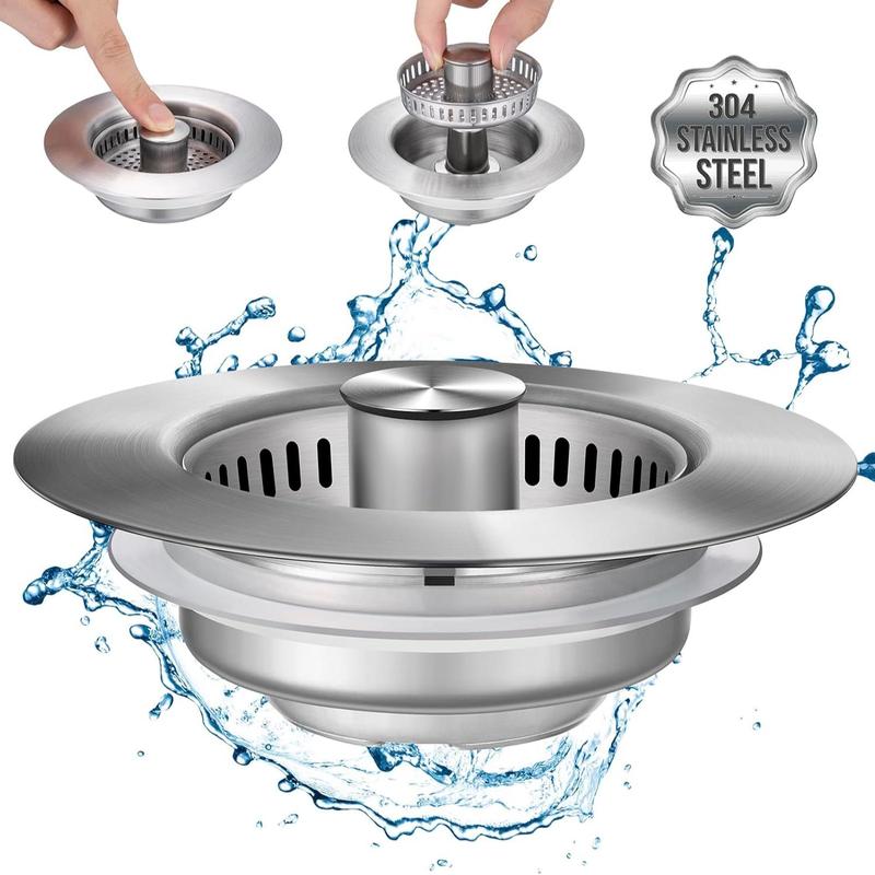 3 in 1 Kitchen Sink Drain Strainer, Stainless Steel Sink Stopper, Anti-clogging Sink Food Catcher Basket, Fast Drainage Odor Filter Sink Plug for US Standard 3 1/2 Inch Drain, Drain Cover 1