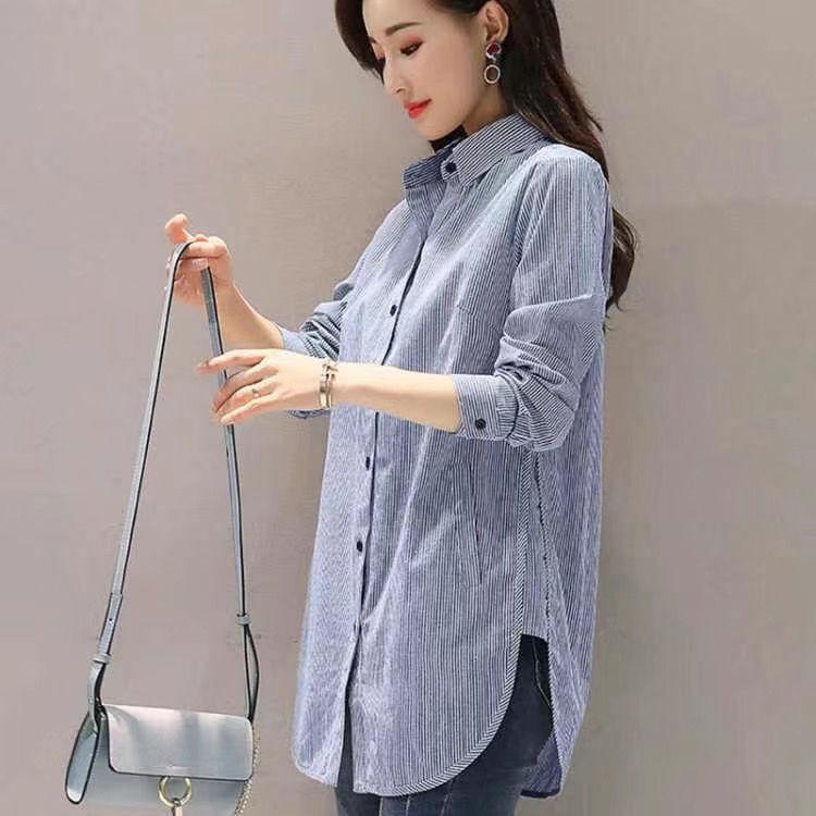 Áo Sơ Mi Phong Cách Phương Tây Dài Trung Bình Có Thể Mặc Ngoài Trời, Hàng Mới Về Mùa Thu, Dành Cho Nữ, Sọc, Dài Tay, Dáng Rộng Rãi Và Thường Ngày, Đơn Giản Và Dễ Phối Đồ Mỏng Vừa Vặn, Áo Nữ Top Women Shirt Voan 0
