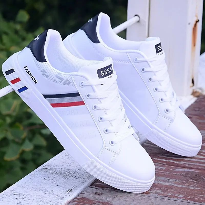 Men's Fashion Sneakers - Casual Sports Style, Solid & Striped Patterns, All-Season Low Top Lace-Up Shoes with Round Toe, Durable PU Upper, Fabric Inner, PVC Sole, Cloth Insole for Daily Wear 1