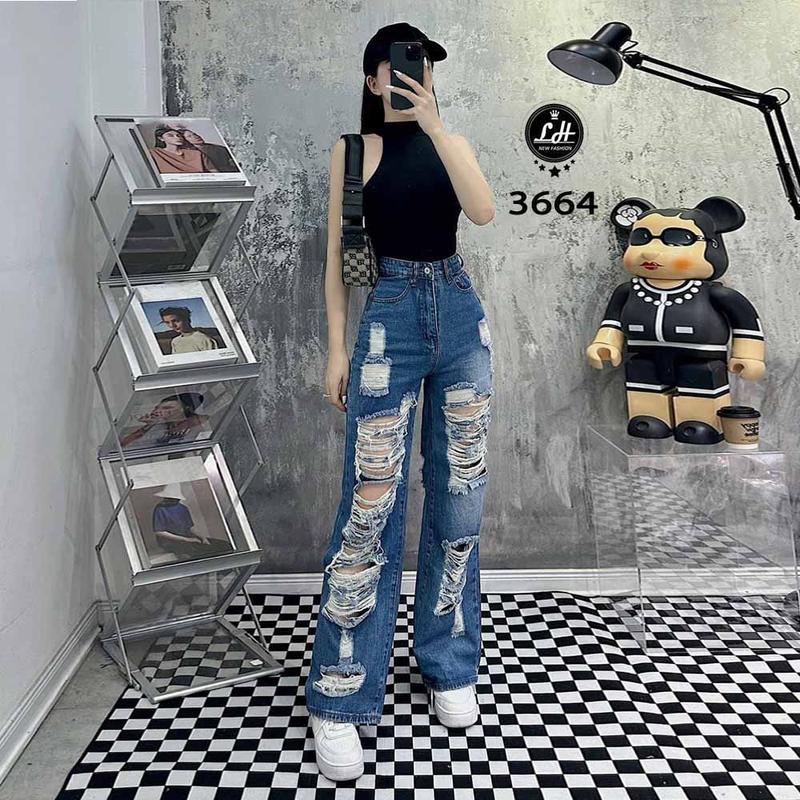 Quần jean nữ ống rộng màu xanh đậm cạp cao rách tua rua cá tính siêu đẹp Lê Huy Fashion MS 3664