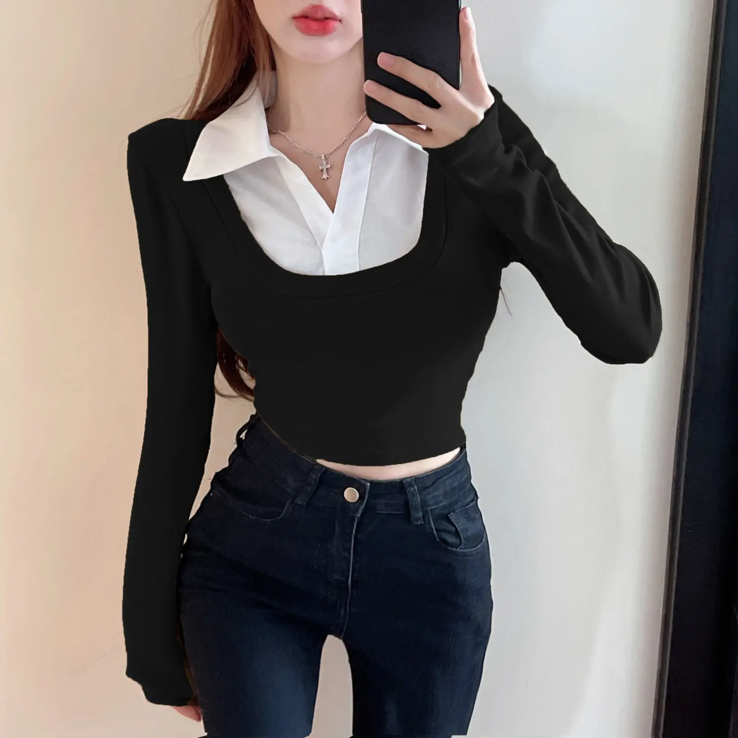Áo Phông Giả Hai Lớp, Cổ Polo, Thiết Kế Khối Màu, Ngắn Và Dài Tay, Bó Sát, Áo Cô Gái Nóng Bỏng, Hàng Mới Về Mùa Thu, Quần Áo Nữ Ins, Dễ Thương Và Gợi Cảm
