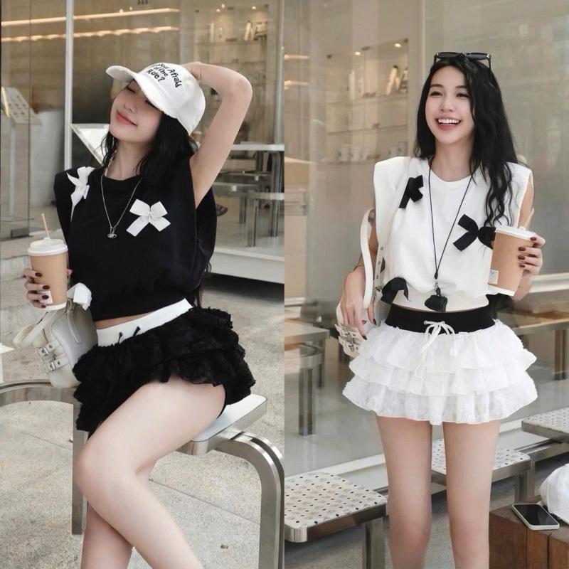 ( DEAL MỞ BÁN)Set HOTGIRl áo tay hến có độn cầu vai đính nơ + chân váy tầng dễ thương_S1