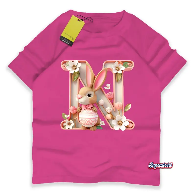 Superzie Kaos Anak 3 Dimensi Perempuan Lengan pendek Alphabet Huruf N Bunga Rabbit 4-13 Tahun 3D Print 4