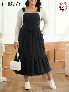 CURVZY Plus Size Solid Button Pocket Corduroy Dress, Casual Sleeveless Suspender Dress for Daily Wear, Women's Clothing for All Seasons