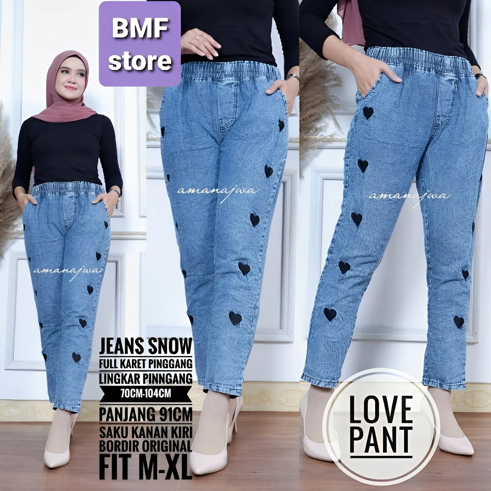 CELANA WANITA BAGGY JEANS LOVE BORDIR ASLI Slim-fitting