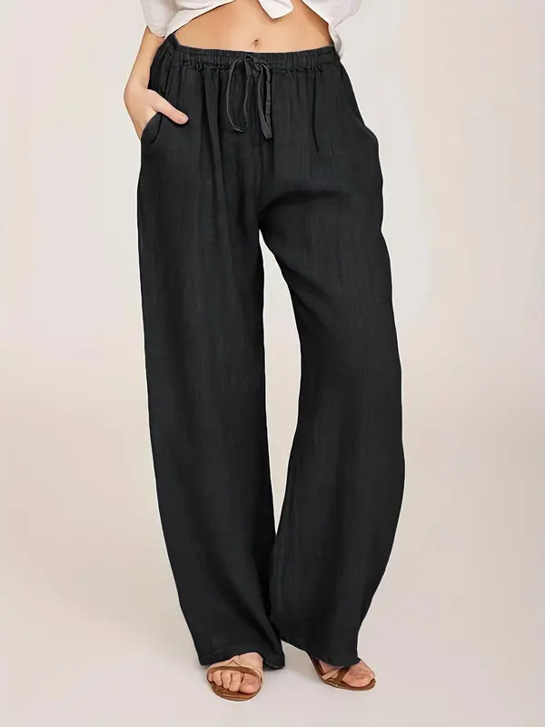 Plus Size Drawstring Waist Wide Leg Pants, Casual Solid Pocket High Waist Trousers for Women, Women's Bottoms for Summer 0