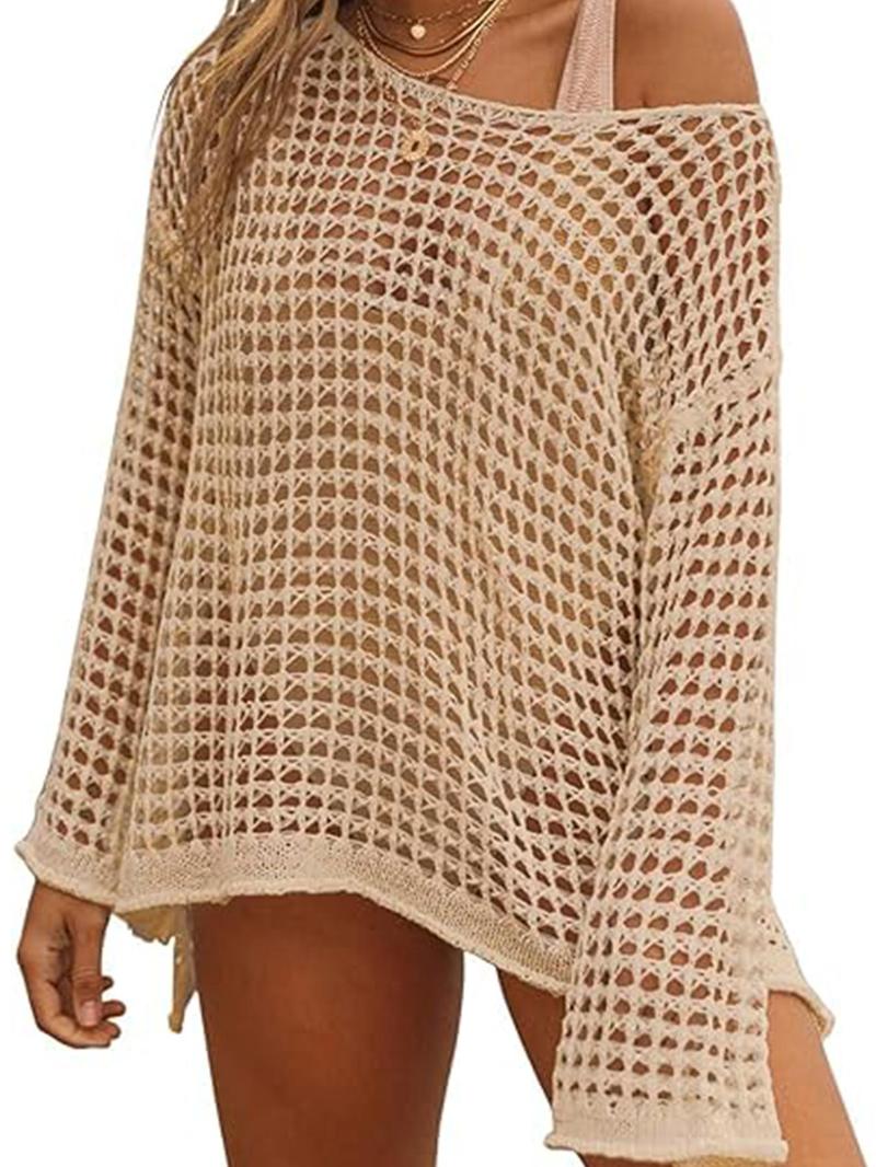 Product Introduction of Women's Solid Crochet Hollow Out Side Split One Shoulder Cover Up, Fashion Casual Drop Shoulder Long Sleeve Top for Women Beach Holiday Vacation, Women's Beach Cover Up Summer Clothing Holiday Evening Outfits 2024 13