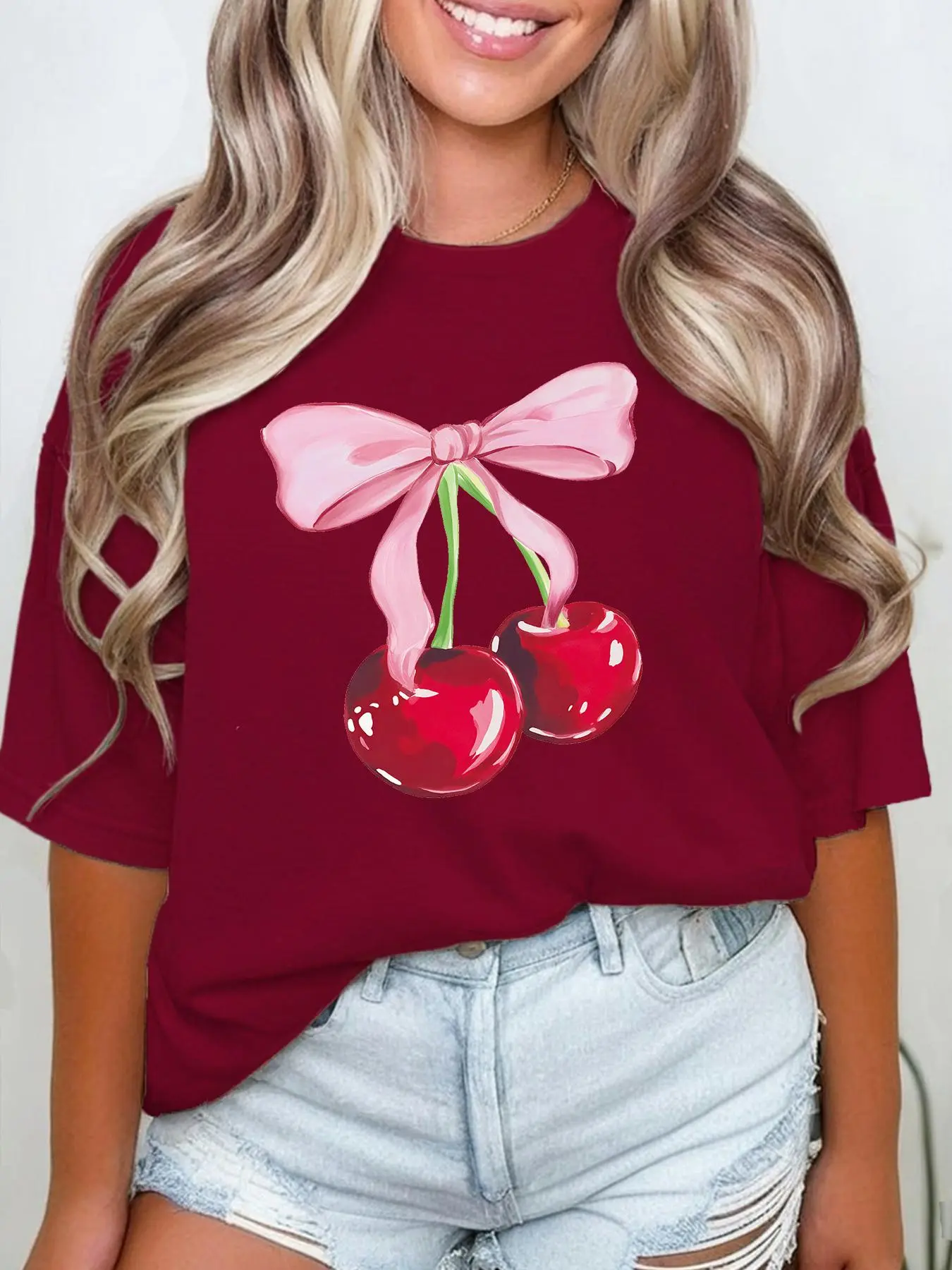 Women's Cherry & Bow Print Drop Shoulder Tee, Casual Half Sleeve Round Neck T-shirt for All Seasons, Women's Top for Daily Wear