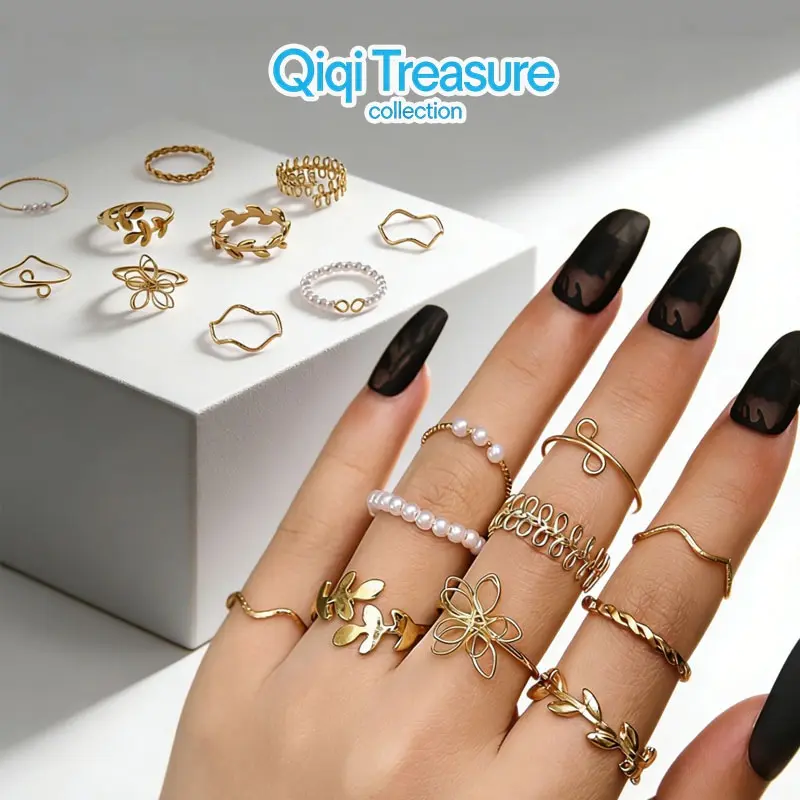 Cincin Set Isi 10 Pcs Gaya Vintage Aksesoris Wanita Geometric Daun Bunga Mutiara Simple Elegan Ring Set