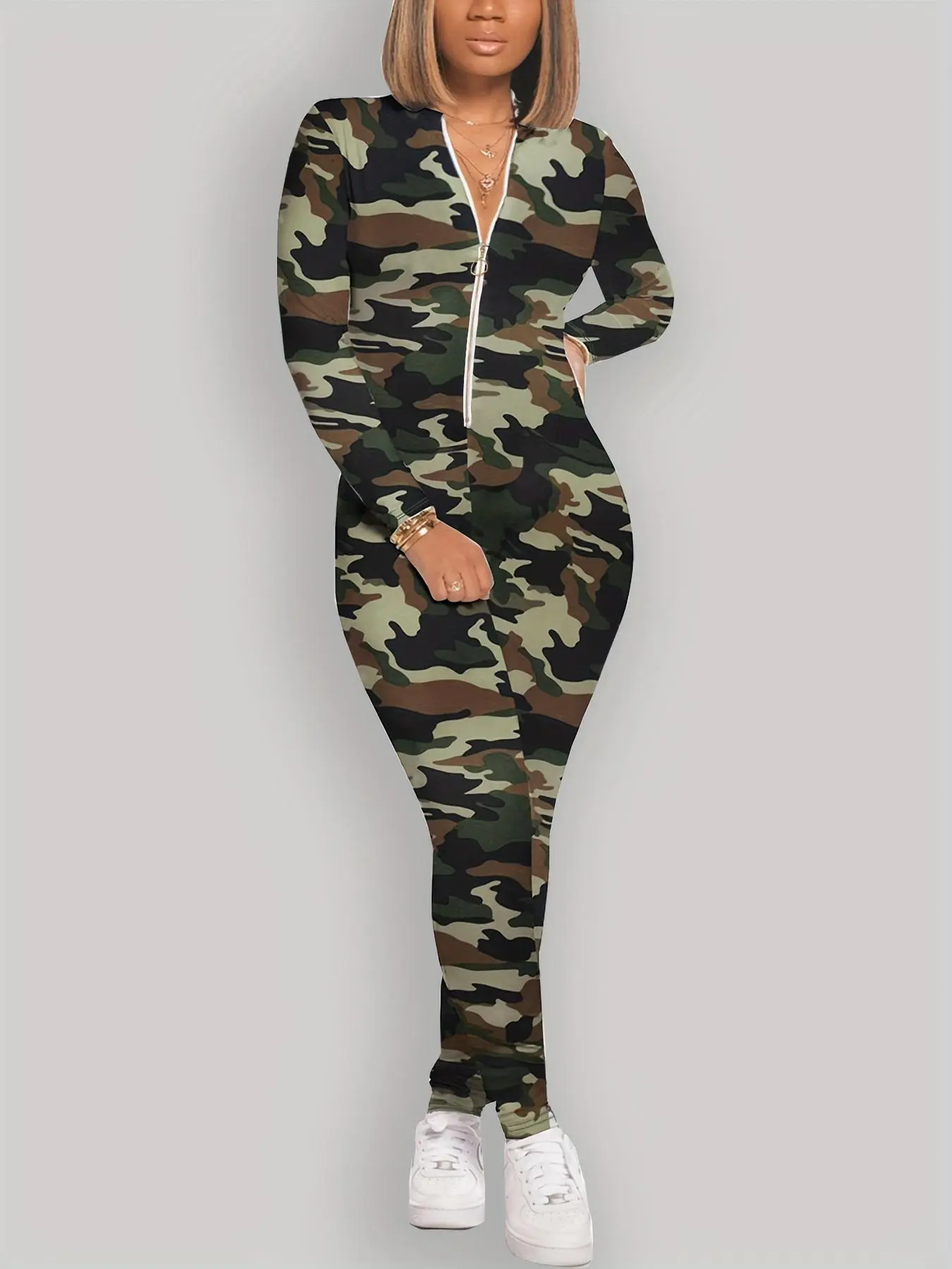Women's Camo Print Notched Neck Zipper Jumpsuit, Street Fashion Long Sleeve Skinny Jumpsuit For Spring & Fall, Ladies Clothes For Daily Wear