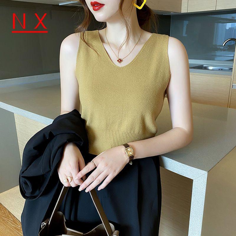 Áo Thun Không Tay Mỏng Cho Nữ, Áo Mùa Hè, Lụa Băng, Cổ Chữ V, Phong Cách Hàn Quốc áo hai dây nữ Top 1