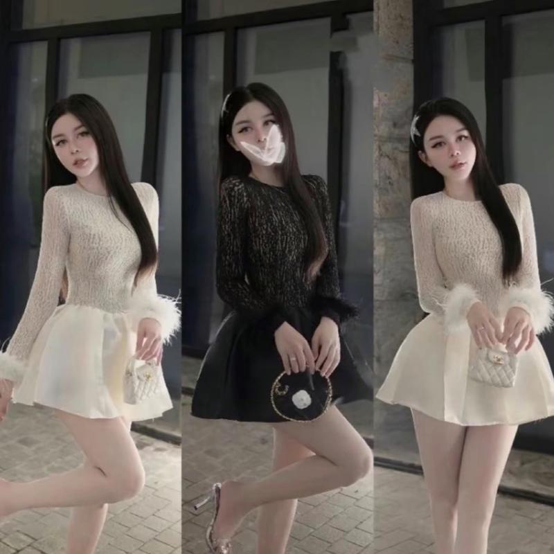    Bèo Béo Bigsize   Váy Ren Tay Dài Lông Thỏ Phối Tầng Taffta Form 60-90Kg Có Lớp Lót - Quần Bảo Hộ 