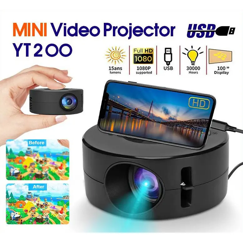 Portable YT200 Projector Mini Phone iPad Usb Projector 4k Full HD 1080P projector small Classroom Home Theater Projector Projector Android Audio Remote Screen Remote Wireless Cable Device Lcd Wired