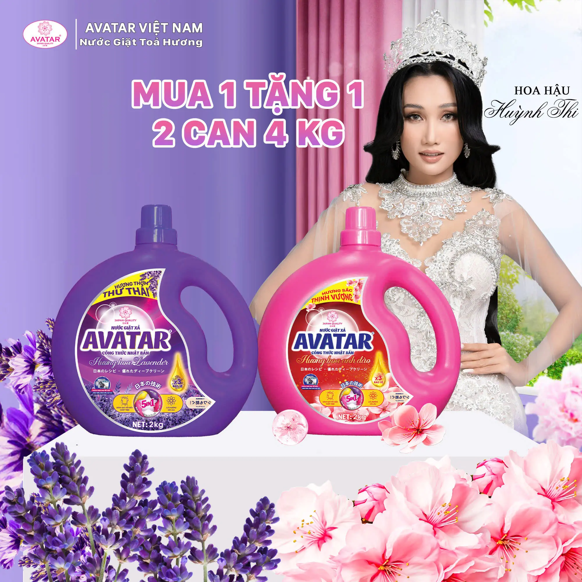 [MUA 1 TẶNG 1] Nước Giặt Xả Avatar Hương Lavender và Hương Hoa Anh Đào Làm Sạch Sâu Hiệu Quả, Lưu Hương Lâu, Diệu Nhẹ, An Toàn Cho Da, Bền Màu 2kg/can nước  giặt