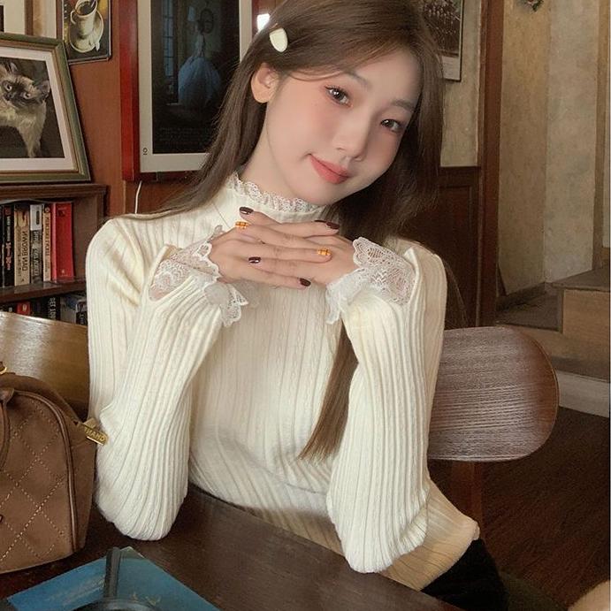 Áo Lớp Nền Khâu Ren Cao Cổ Nửa Bộ Sưu Tập Thu Đông 2024 Dành Cho Nữ Đẹp Mắt Có Thể Mặc Bên Trong Áo Cánh Áo Len Dệt Kim Thiết Kế Áo Cánh