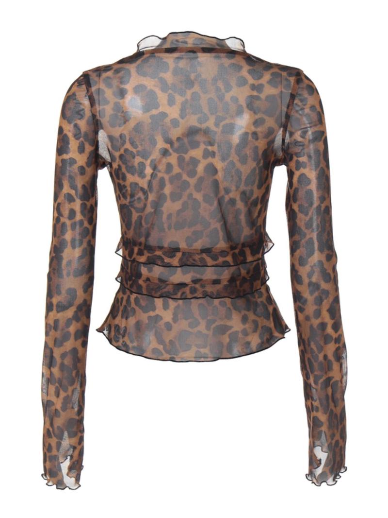 Product Introduction of Women's Leopard Print Lettuce Trim Sheer Tee, Casual Flounce Sleeve Tie Neck Tulle Top, Ladies Clothes for Beach Party Vacation Valentine's Day, gift, Womenswear 13