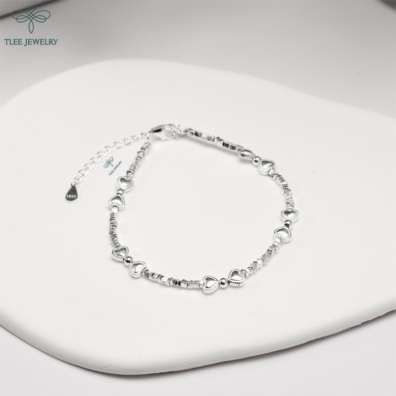Lắc tay bạc nữ TLEE vòng tay hạt vụn mix charm tim viền hạt xinh xắn TLEE JEWELRY LT0209
