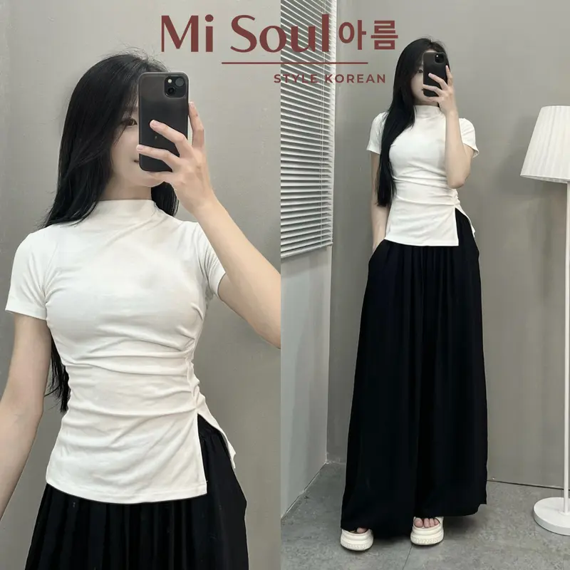 Áo Thun Cổ 3 Phân Cộc Tay Nữ Nhúm Sườn Xẻ Tà BigSize MiSoul, Áo Thun Nữ Cộc Tay Xẻ Tà BigSize MiSoul 218 Top Cổ Tròn Women Sơ Mi 6