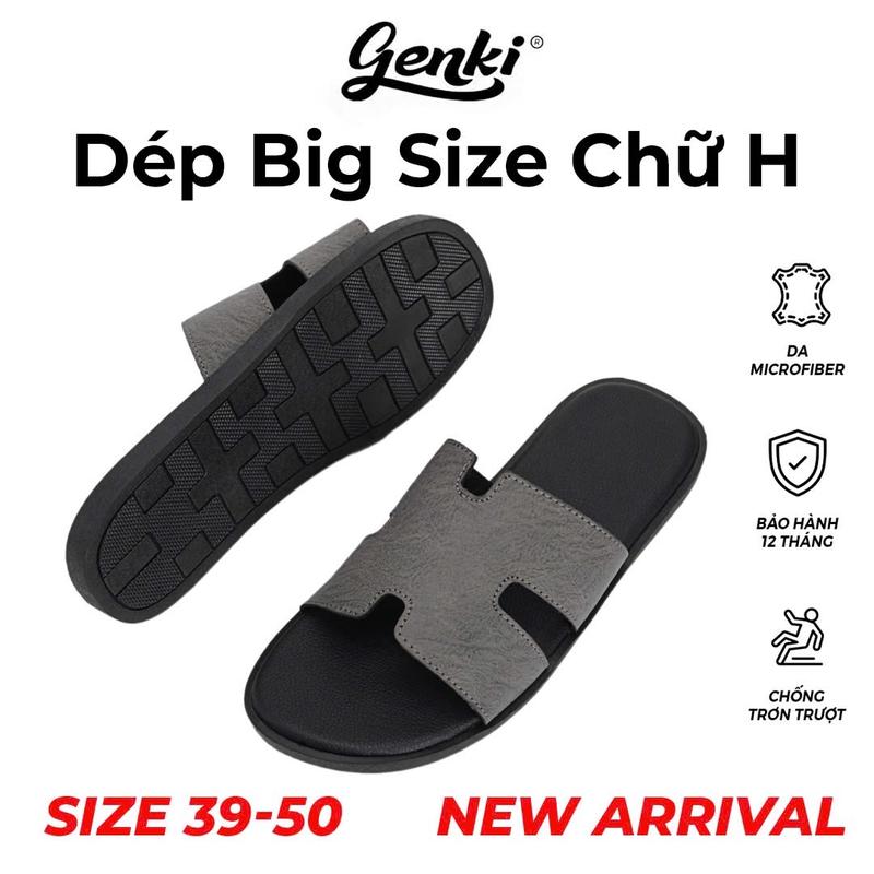 Dép Nam Big Size Chữ H GENKI Màu Xám Quai Da Cao Cấp Đế Bằng Cao Su Chống Trơn Trượt dep DéP