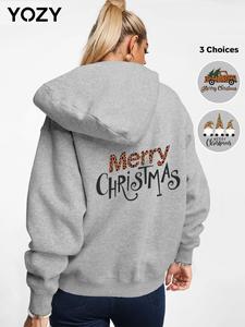 YOZY Women's Cartoon & Letter Print Drop Shoulder Hoodie, Fashion Casual Kangaroo Pocket Hooded Sweatshirt for Daily Holiday Outdoor Wear, Women Clothing for Fall & Winter