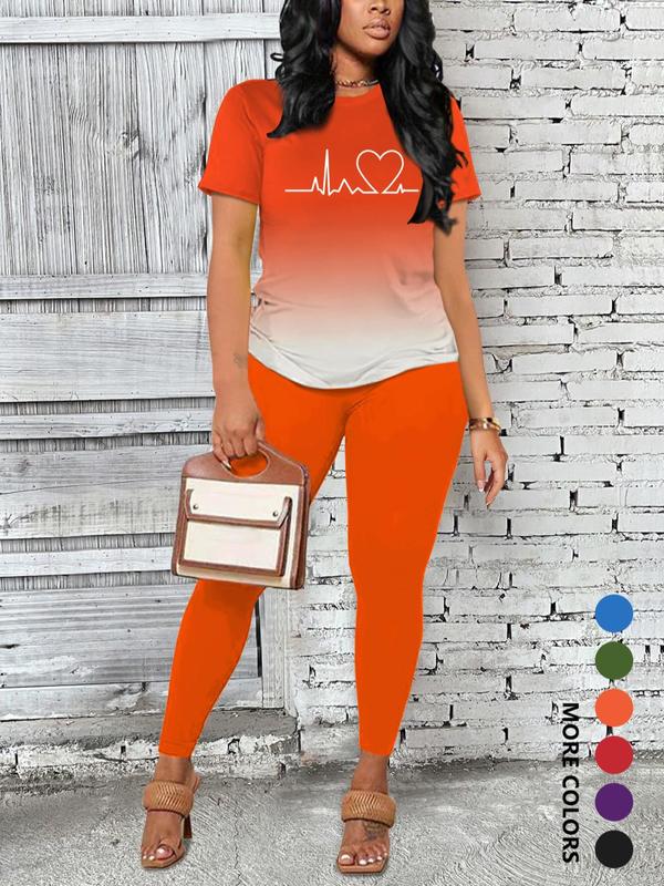 Women's Ombre Letter Print Short Sleeve Tee & Leggings Set, Casual Round Neck T-Shirt & Skinny Pants For Daily Wear, Ladies Two-Piece Outfits For All Seasons 3