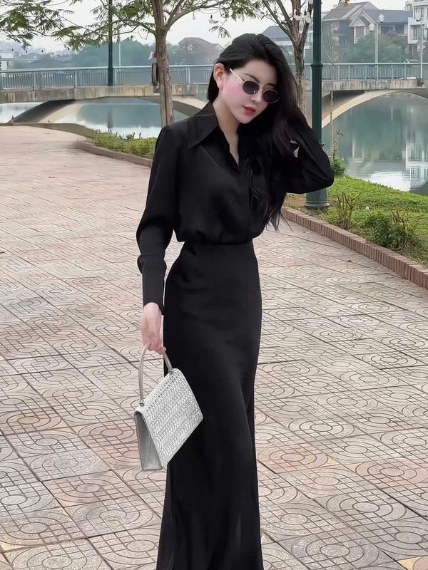 Set lụa Tô Châu X78 (áo + chân váy)  áo sơ mi phối chân váy cá dài 6