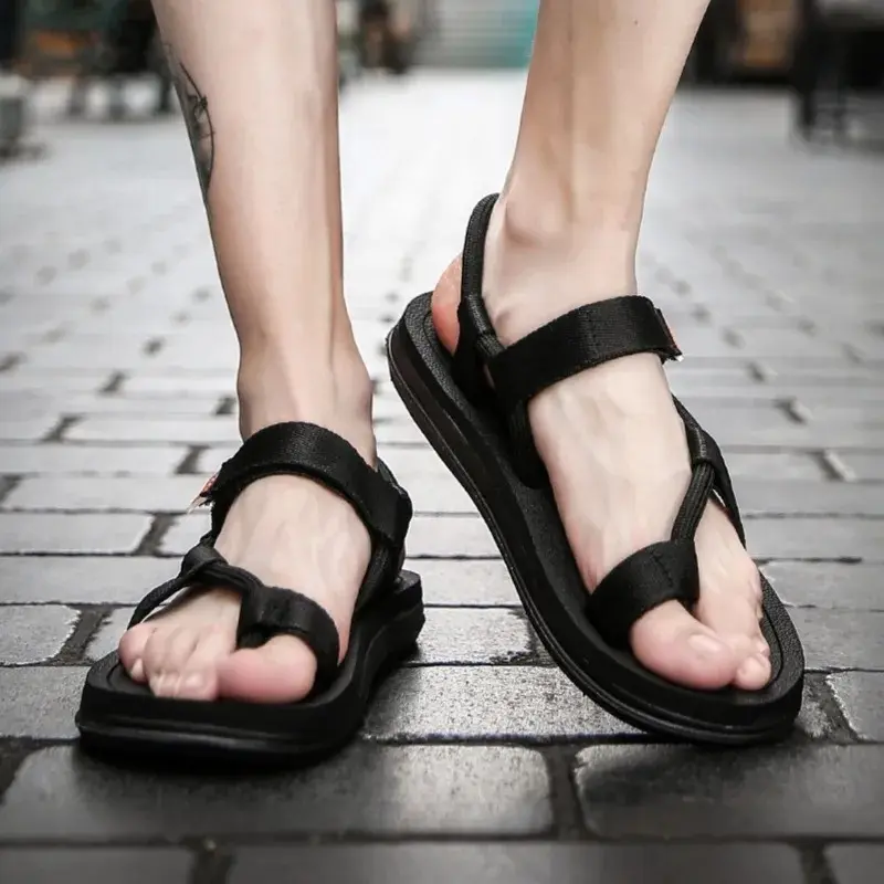 Size 39-44 Men Summer Anti-slip Vacation Sandals Office Dual Wear Herringbone Sandals Male Casual Beach Flip-Flops For Outdoor Fashion Flat Trekking Mountaineering Shoes Black