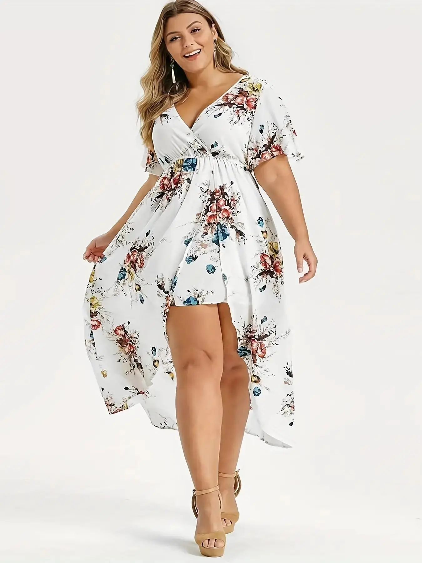 【Plus Size】 Floral Print Butterfly Sleeve Wrap V Neck Layered Split Dress, Boho Fashion Short Sleeve A-line Dress for Daily Wear, Summer Outfits 2024, Women Plus Clothing for Summer