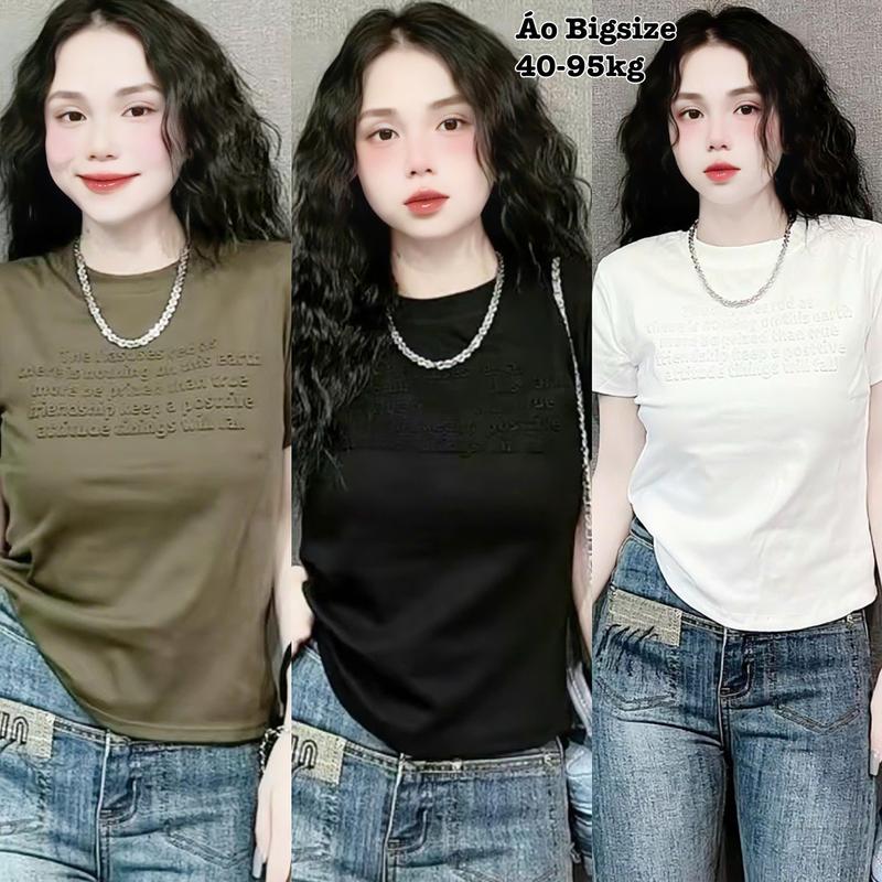 Áo Thun Nữ Có Bigsize Cổ Tròn in Chữ Dập Nổi Chất Gân Tăm Xịn Co Giãn DÁng Baby Tee Tôn Dáng che Bụng Xinh Đẹp Chuppy Ôm Gọn Tôn Dáng Có Nhiều Màu Lụa Chọn Giá Rẻ 50-95kg 2411