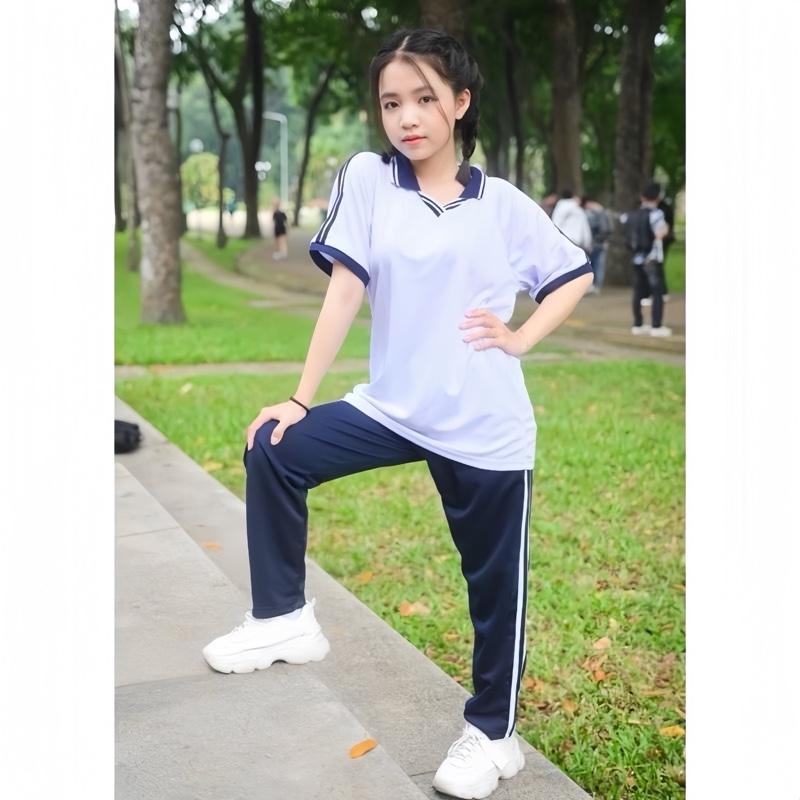 COMBO Áo Thun Thể Dục+ Quần thể dục 2 SỌC TRẮNG Đồng phục thể dục Học Sinh Nam Nữ Các Cấp 1 2 3 Cotton Tập Thể Dục Sport