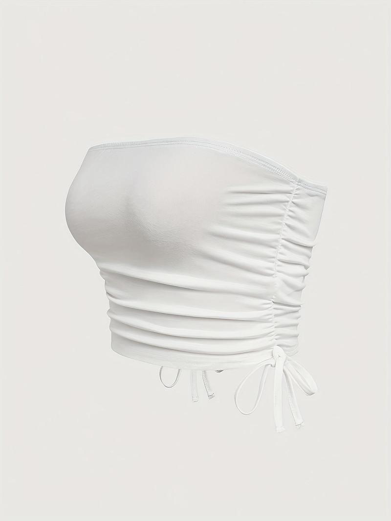 Product Introduction of Women's Minimalist Solid Ruched Drawstring Crop Tube Top, Lady Basic Casual Fit Comfort Backless Sleeveless Short Top for Summer, Ladies Clothes for Daily Wear, White Tube Top, Womenswear 18