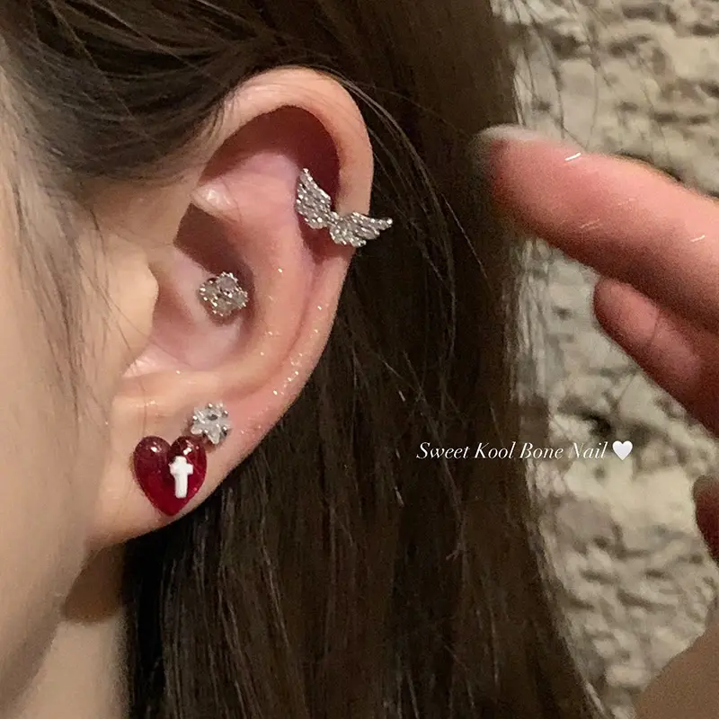 Bông Tai Đinh Tán Trái Tim Đào, Resin Thiên Thần Chữa Bệnh Ngọt Ngào Ngầu Tình Yêu Dễ Phối Đồ Khuyên Tai Đinh Tán Thép Titan Cánh Thiên Thần, Dành Cho Phụ Nữ, Hàng Mới Về