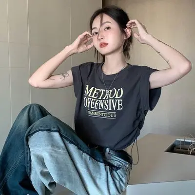 Áo Phông Ngắn Tay, In Chữ, Trang Phục Mùa Hè Cho Nữ, Thiết Kế Độc Đáo Dây Rút, Cổ Tròn, Dáng Rộng Vừa Vặn, Áo Ngắn