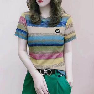 100KG Fat Girl Can Wear Internet Celebrity Plus Size Rainbow Round Neck T-shirt for women Short Sleeve shirt Loose Versatile Tops Ladies Casual Fashion tees Korean Version