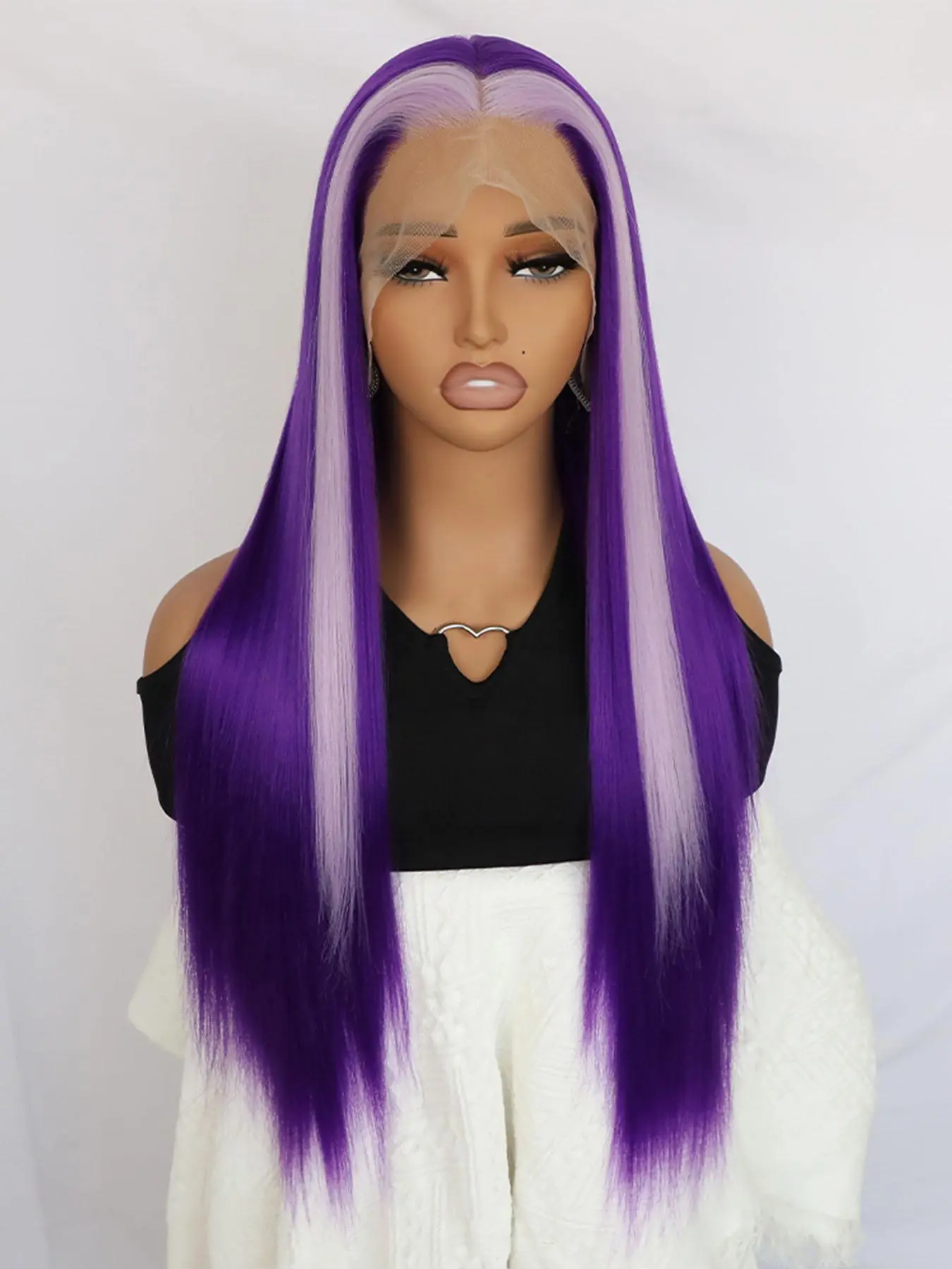 30 Inch Purple Coloblock Long Straight Wigs for Women, Gorgeous Fluffy Wigs Without Bangs for Daily, Cosplay, Anime or Costume Party, Striking Natural Fluffy Hair Wigs