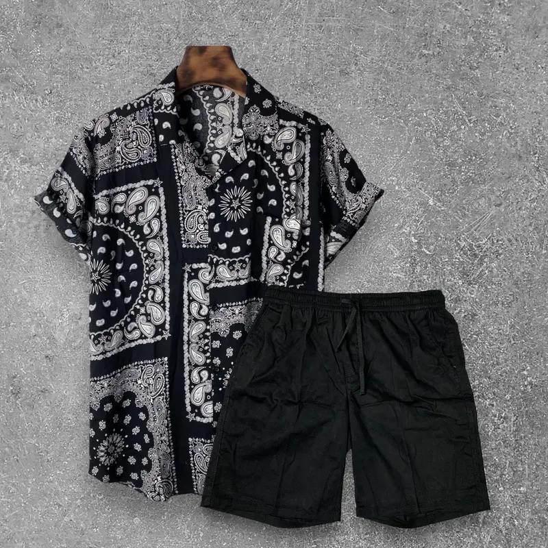 Setelan Baju Kemeja Vintage Dan Boardshort atasan celana Hitam Katun Pendek  Pria  Motif  Keren  Casual  Oversize Panjang Santai Polos 6