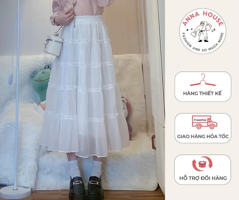 Chân váy chất voan tơ mềm xòe 2 lớp 5 tầng chất voan tơ mềm, Chân váy midi xếp ly dài , Annaa House , Top big size , Top Women